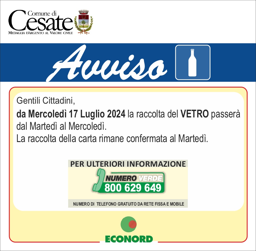 Variazione giorno raccolta del Vetro